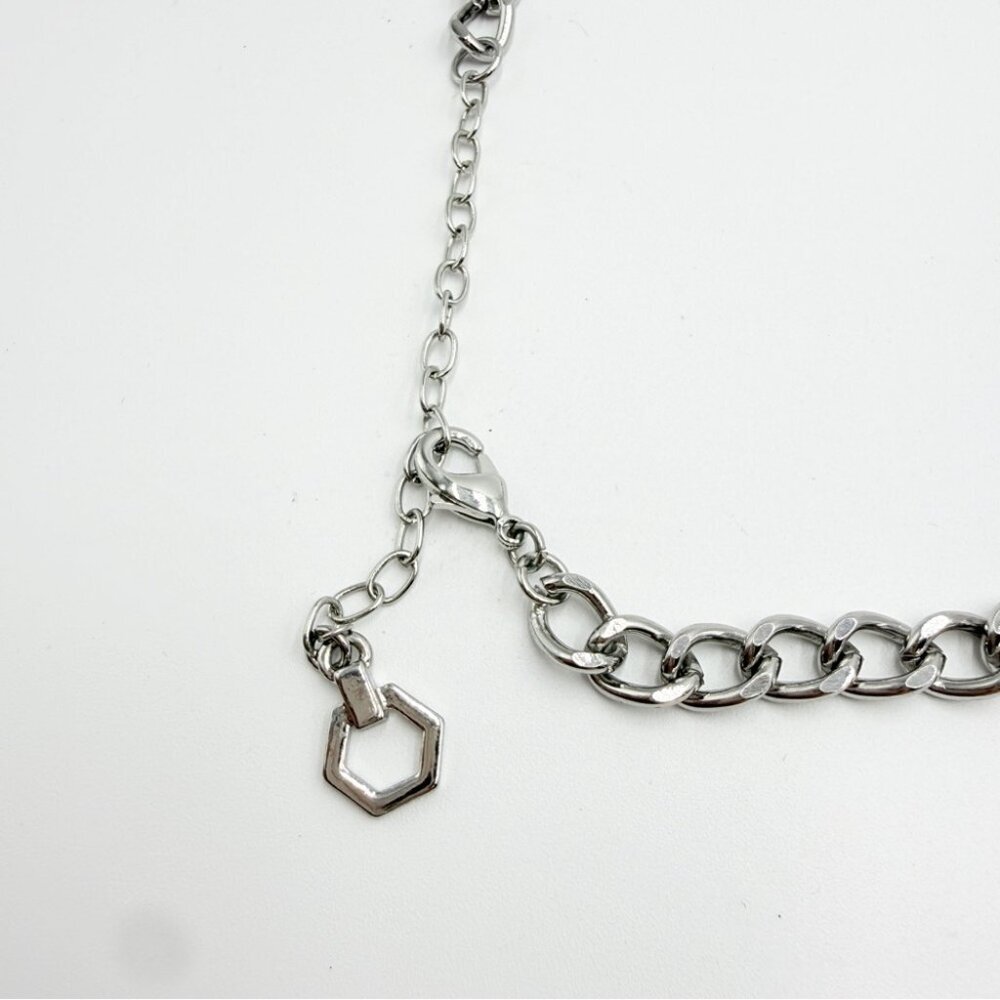 Silver Tone Chain Necklace with Blue Rhinestones & Faux Pearls - Picture 4 of 8